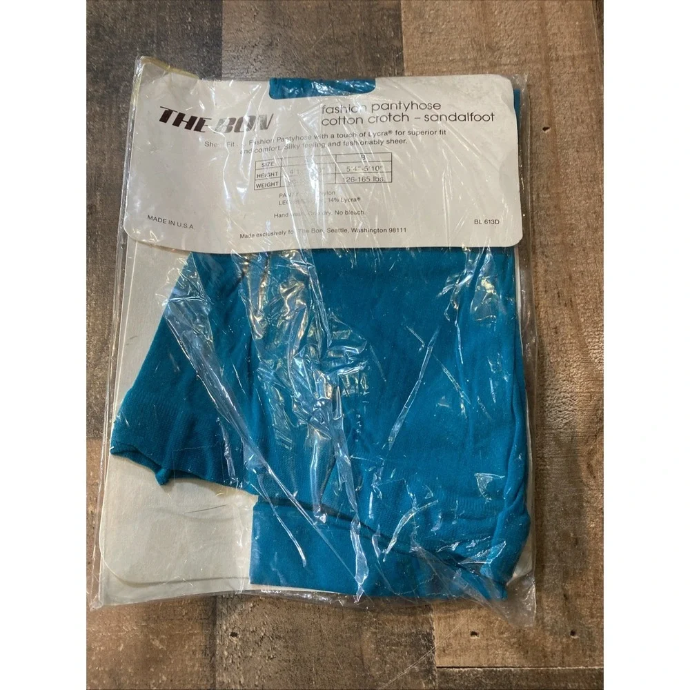The Bon Pantyhose Size B Teal Blue Silken Sheer Fit‎ Sandalfoot Vintage